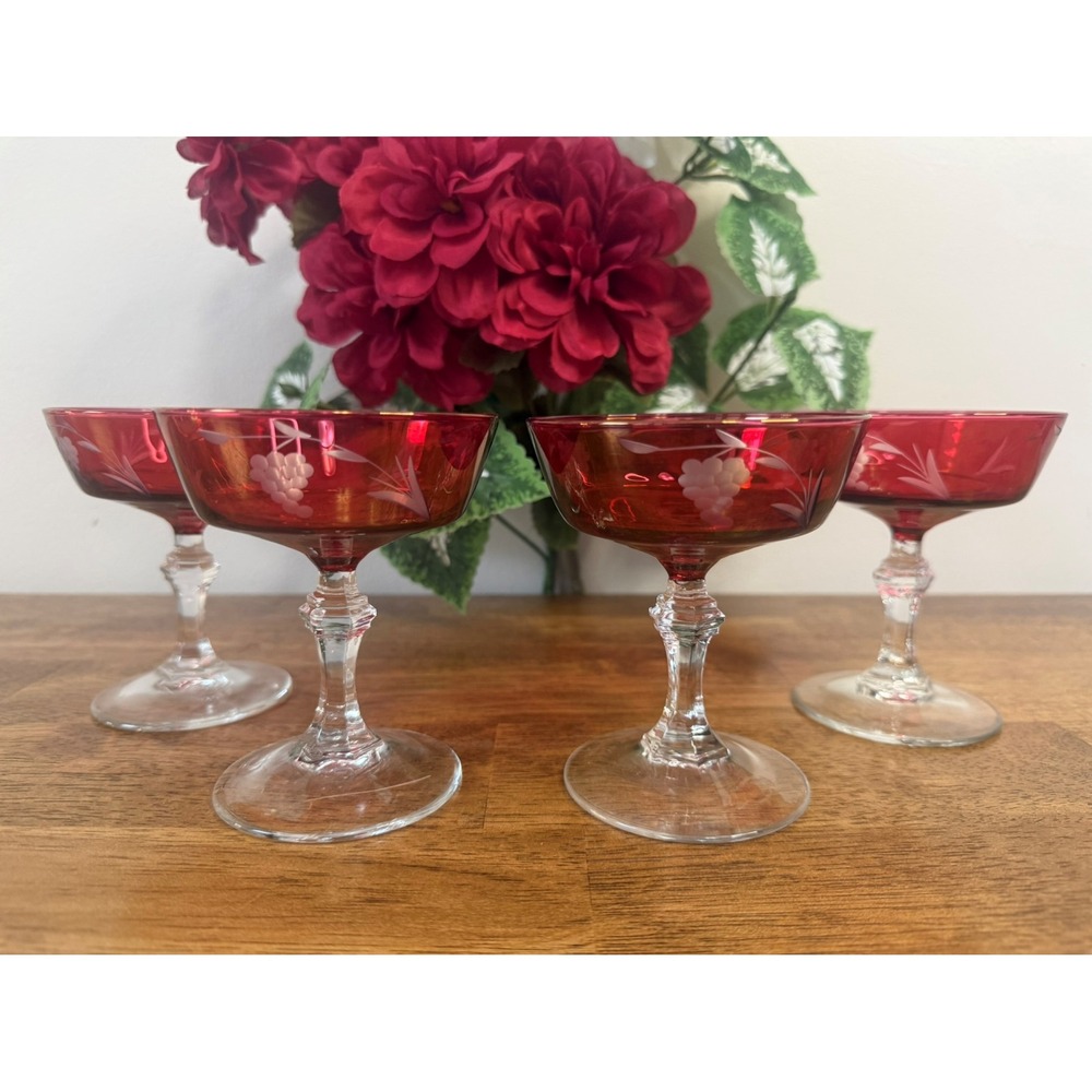 Vintage Ruby Red Etched Coupe Glasses Grape Design Clear Stem Set of 4 Romantic‎